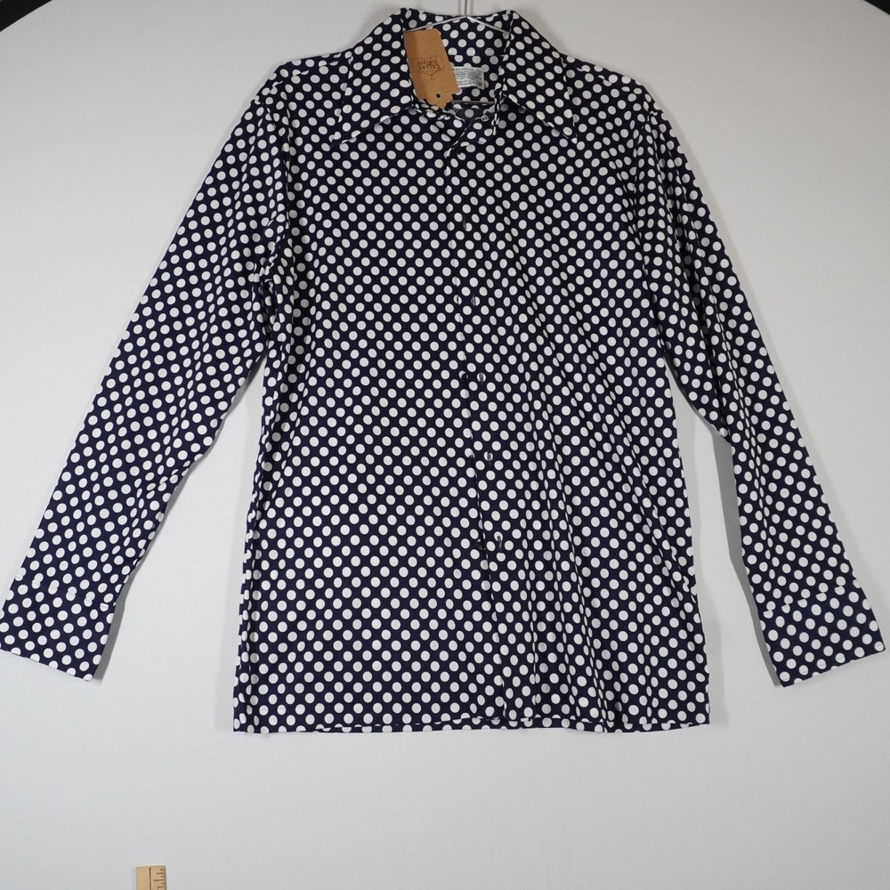 Vintage Kmart Permanent Press Navy Blue White Polka Dot Shirt L 70s Disco MCM